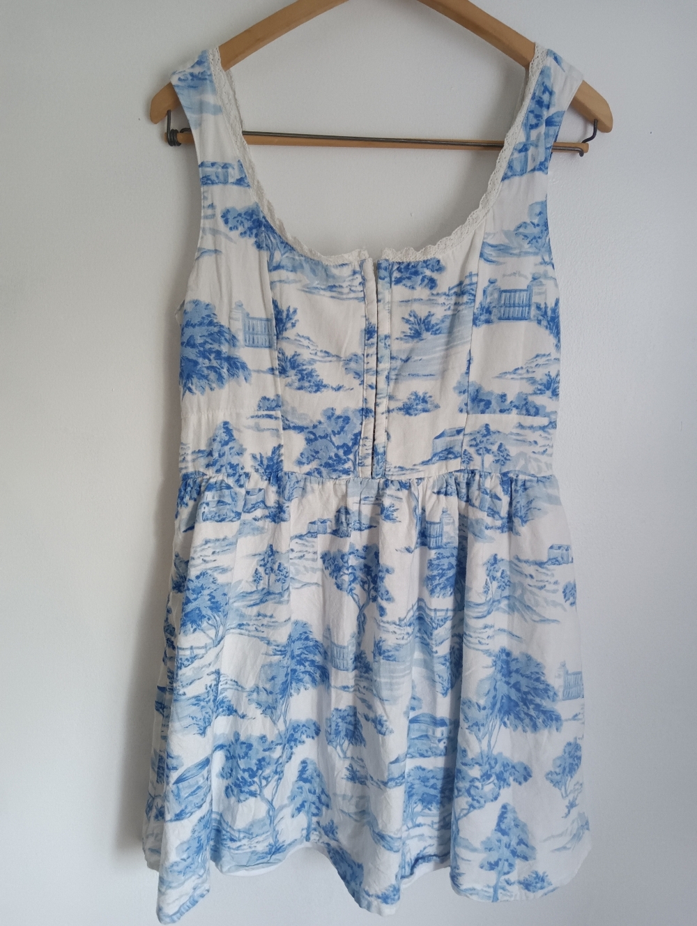Blue and White Toile Mini Dress with Smocked Bodice